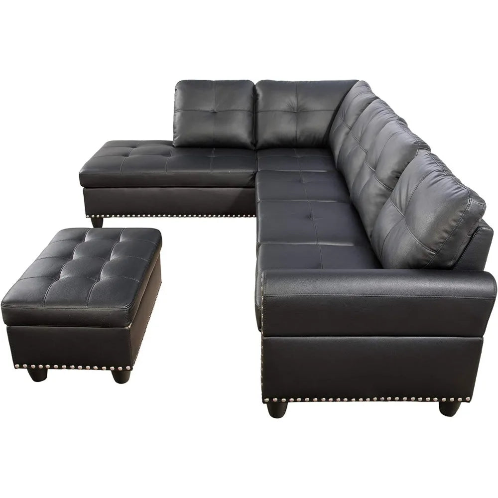 Faux Leather Upholstered Sectional Sofa with Removable Ottoman,L-Shape 6 Seat Sectional Couch for Living Room, Apartment,