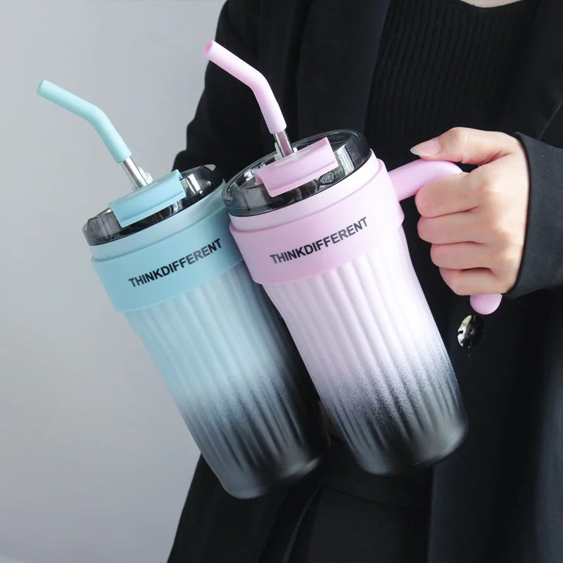 Stainless Steel Handle Ice Cream hot and cold Cup with Straw  Insulation Keeps Cold and Heat Cup Large Capacity Mug