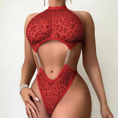 Hot Leopard Print Chain Linked Teddy Halter Backless Thong Bodysuit Women's Sexy Lingerie & Underwear