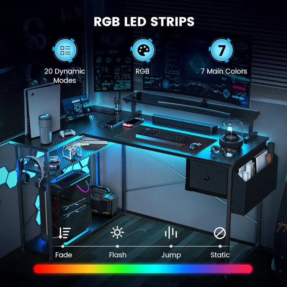 L Shaped Gaming Desk, 47 inch Computer Desk with LED Lights & Adjustable Stand, Power Outlets & Storage Drawer