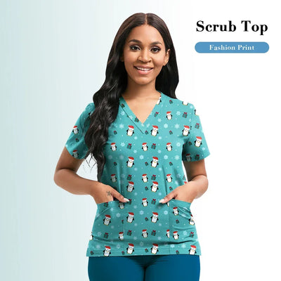 Nursing Scrubs Top Women Working Uniform Blouse Short Sleeve V-neck Printing Uniform Clothes Nurses Accessories Unisex