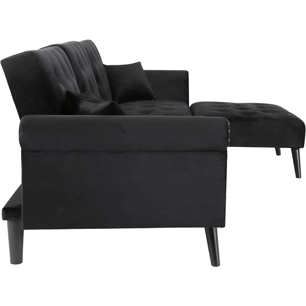 Velvet Convertible Sofa, Modern L-shaped Spike-head Corner Sofa, Reversible Chaise Longue with 2 Pillows and Living Room