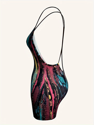 Flirty Spaghetti Strap Romper Jumpsuit - Vibrant Allover Print, Seductive Low Cut, Alluring Backless,