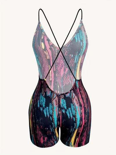 Flirty Spaghetti Strap Romper Jumpsuit - Vibrant Allover Print, Seductive Low Cut, Alluring Backless,