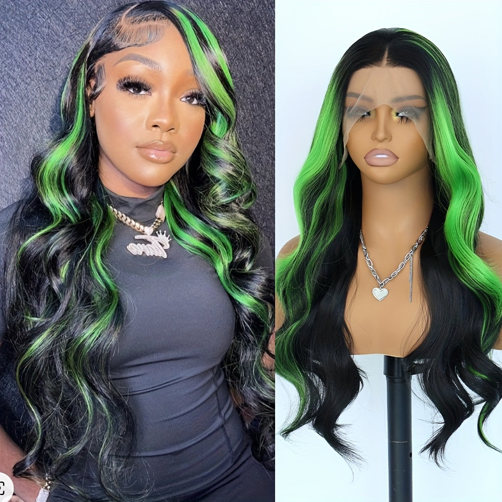 13x4 Ombre Green Body Wave Lace Front Wig - Long Wavy Highlights, Glueless, 180% Density, Pre-Plucked Synthetic Hair, Heat Resistant Fiber, Ideal for Daily Use & Cosplay, 28 Inch, Synthetic Lace Front Wig