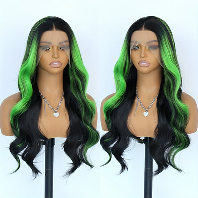 13x4 Ombre Green Body Wave Lace Front Wig - Long Wavy Highlights, Glueless, 180% Density, Pre-Plucked Synthetic Hair, Heat Resistant Fiber, Ideal for Daily Use & Cosplay, 28 Inch, Synthetic Lace Front Wig